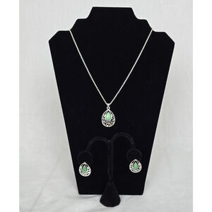 Silver Tone & Jade Like Tear Drop Charm Necklace & Earring Set with Case